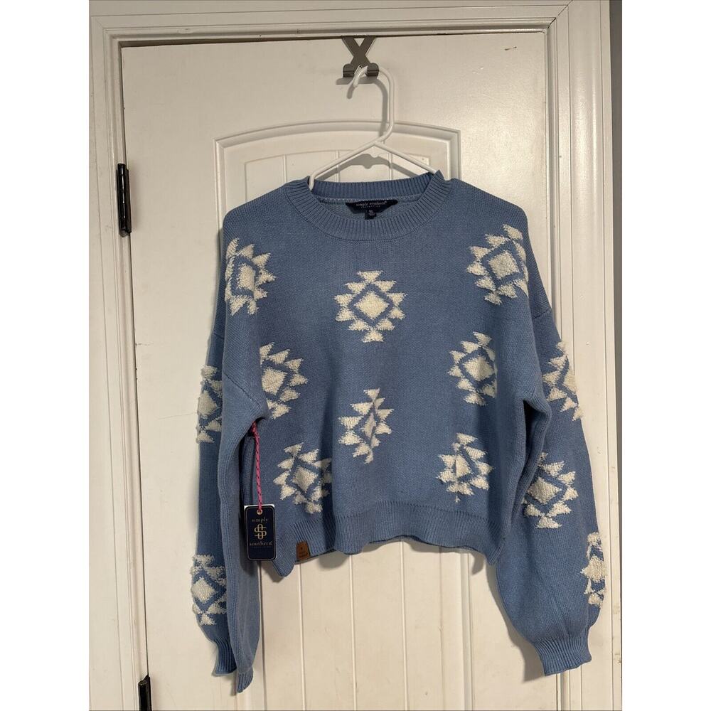 NWT Simply Southern Blue Geo Patterned Long Sleeve‎ Cropped Sweater